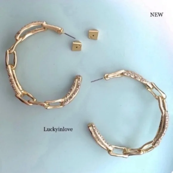 ALEXIS BITTAR NEW Gold Textured Crystal Custom Sculpted Chain Link Hoop Earrings - Picture 7 of 15